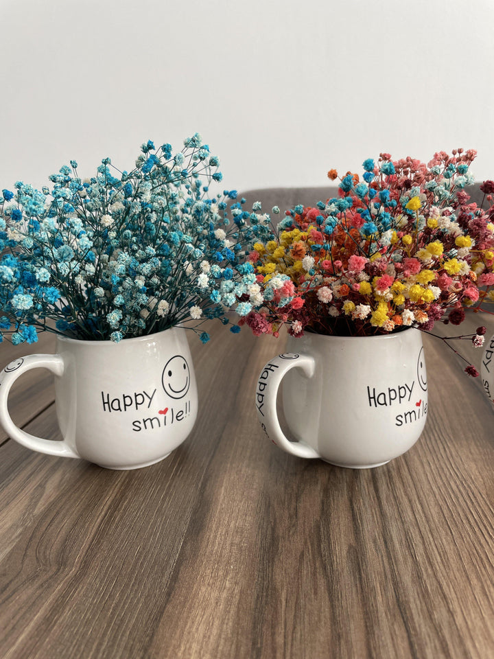 Happy Smile Tasse mit Schleierkraut in verschiedenen Farben - www.Flower-Passion.com