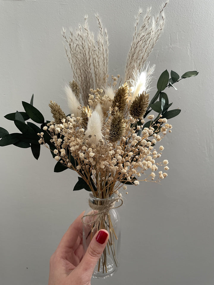 "Creme" Mini Trockenblumen Sträußchen mit Vase - www.Flower-Passion.com